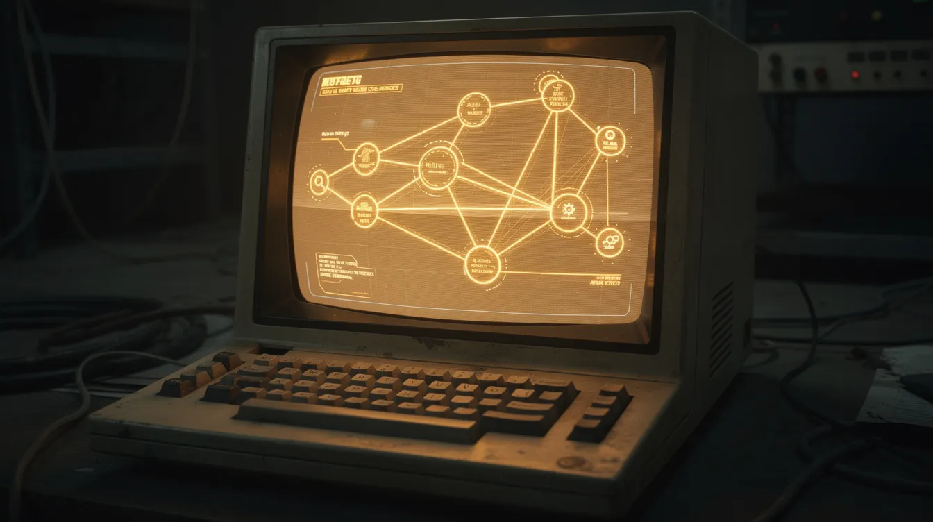 In a dark room, an amber-colored retro terminal screen illuminates with glowing network pathways and routing nodes, embodying a vintage computing aesthetic. This scene evokes the importance of maintaining security against malicious traffic and new threats through the implementation of a web application firewall (WAF) to protect sensitive data and manage legitimate traffic.