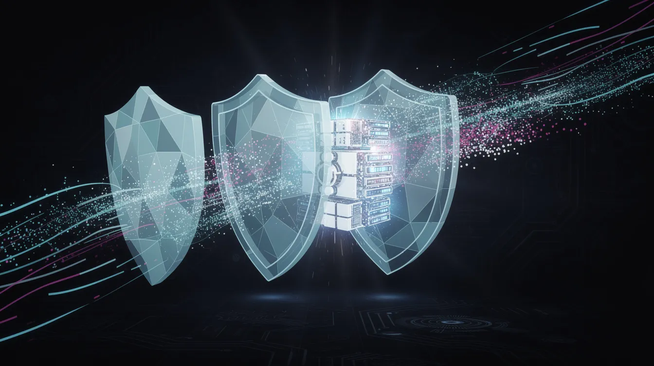 An abstract digital illustration depicts layered geometric shields that are intercepting streams of colorful data particles, protecting a glowing server core at the center. This imagery symbolizes the efforts to block malicious bots and automated crawlers from accessing sensitive information on a website.
