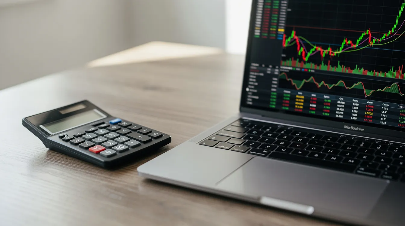 The image depicts a calculator resting on a desk alongside a laptop displaying financial charts, highlighting the importance of financial analysis in managing website security for WordPress sites. This scene emphasizes the need for comprehensive protection against malicious traffic and security vulnerabilities in web applications.