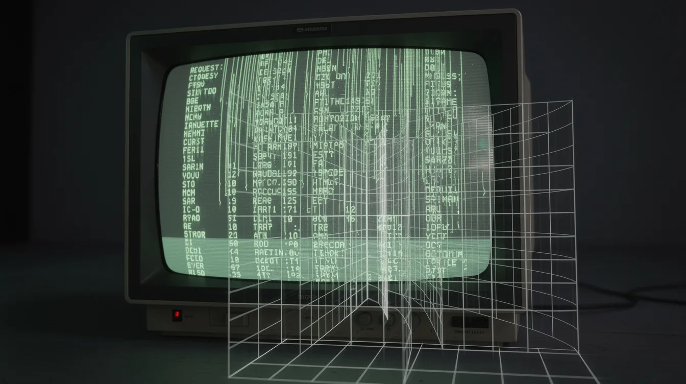 The image depicts an abstract retro terminal screen illuminated by green phosphor text, showcasing streams of bot request data being filtered through a glowing digital mesh barrier, symbolizing efforts to block AI bots and protect websites from malicious bot traffic. This visual representation highlights the importance of managing automated bots and enhancing AI search visibility for site owners.