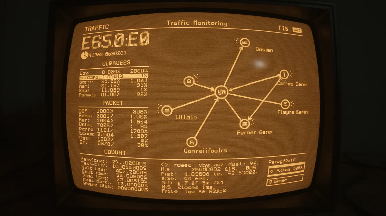 The image depicts a retro 1990s BBS-style glowing amber terminal screen, showcasing a real-time traffic monitoring counter with network node connections, set against a dark background with a scanline effect. This nostalgic design evokes the era of early internet communication, reminiscent of the technical aspects of API requests and data exchange in modern web applications.