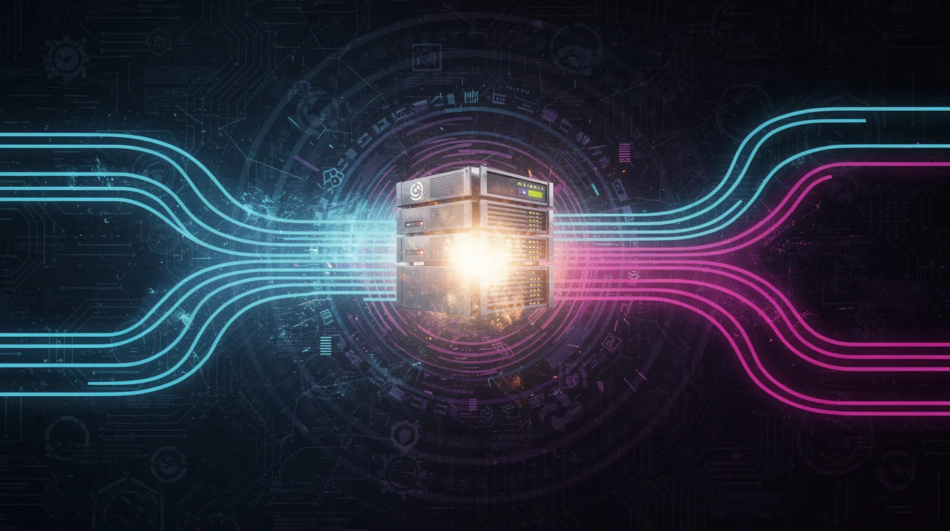 The image depicts an abstract digital illustration of glowing data streams converging into a single overloaded server node, with heat waves radiating outward, symbolizing the bottleneck in on-server security processing. This visual representation highlights the importance of optimizing server performance and implementing effective security features for WordPress site owners to improve core web vitals and enhance overall site security.