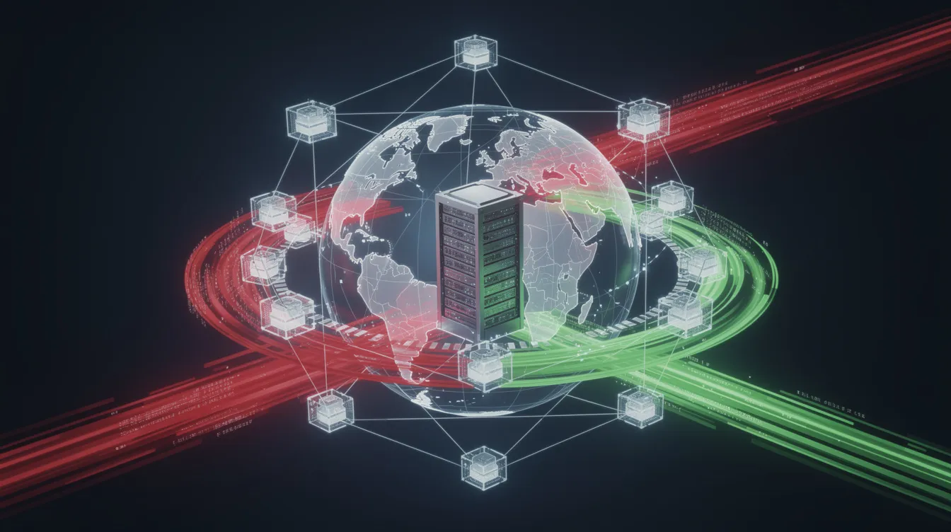 The image depicts an abstract representation of a globe surrounded by multiple edge nodes that create a protective perimeter around a central server. Red streams of malicious traffic are being deflected at the perimeter, while green streams representing secure connections pass through to the server, symbolizing enhanced security features for a WordPress website.