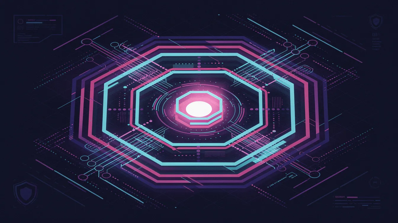 The image features an abstract retro-style design showcasing layered hexagonal shields that encircle a central node, symbolizing the protection of a WordPress site. Streams of data are visually represented as being sorted and filtered at each layer, emphasizing the importance of security features and performance optimization for improving core web vitals metrics.